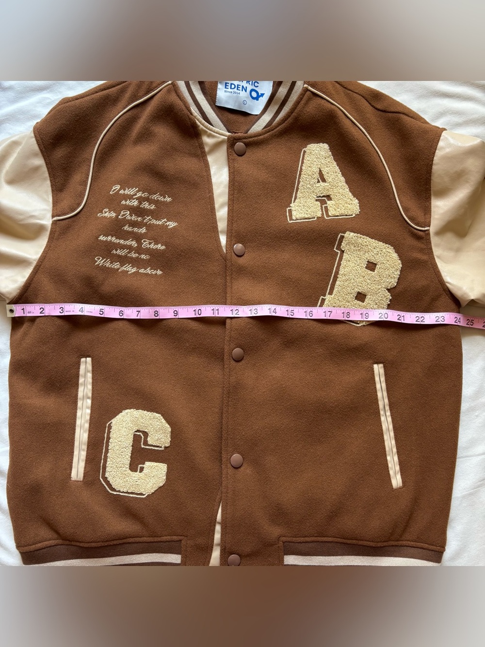 Aelfric Eden Towel Embroidery Varsity Jacket Brown Cream Oversized L - Picture 13 of 15